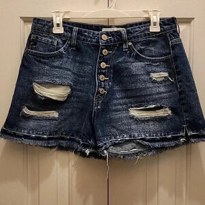 Kancan High Rise Boyfriend Button Fly Distressed Denim Shorts- Size L- NWOT